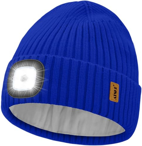 ATNKE LED Beleuchtete Mütze mit Licht,USB Wiederaufladbare 4 LED Laufmütze Freihändig Stirnlampe Winter Warm Fleece Gefüttert Strick Mütze Geschenke für Herren und Damen
