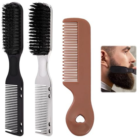 3PCS Professional Barber Kit, Comb, Clipper Cleaning Brush, Beard Comb Set, Suitable for Salon & Home Hair Styling Tools (Black,Silver,Brown)