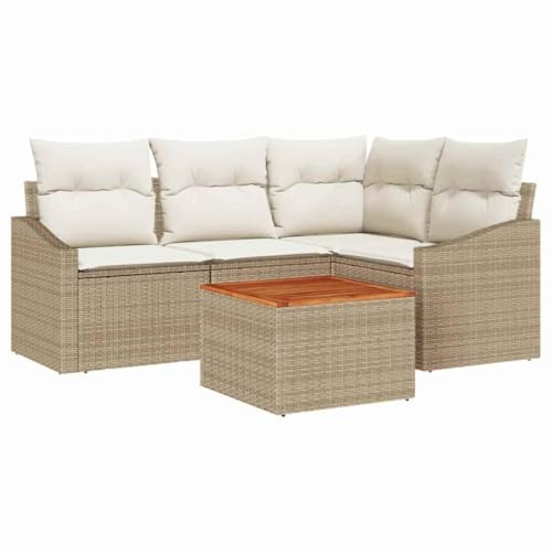 vidaXL Trädgårdsoffset med kudde 5 pcs Beige konstrotting, Modern, slitstark, modulär, lätt och UV-resistent utomhusmöbelset, rattanlounge, trädgårdsoffa
