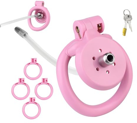 Flat Keuschheitskäfig mit Katheter Peniskäfig mit 4 Gebogenen Ringen Sexspielzeug Cock Cage mit Schloss für die Penisfesselung des Mannes Leichter und Atmungsaktiver Inverted Chastity Cage (Pink)