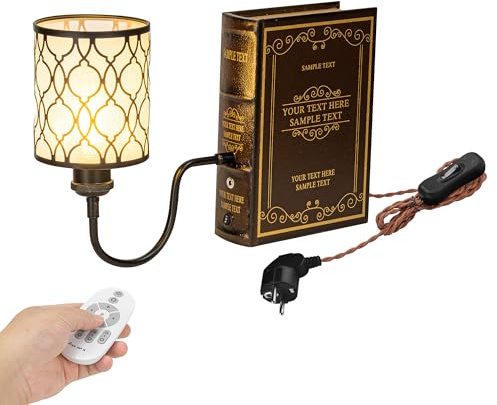 FSLiving LED Buchlampe mit Fernbedienung, Vintage Dimmbar Nachttischlampe mit Eisen Lampenschirm 1xE27-Fassung und 2.5m Kabel, Dekorative Tischleuchte für Nachttisch Beistelltisch DZ0484