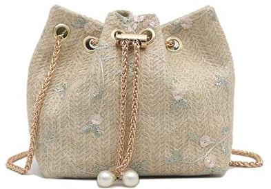 XFSRG Sac a Main Femme Fleurs Bohème d'Été Embrayage en Paille Tissée Clutch avec Chaîne pour Plage Fête Mariage Vacances(Kaki)