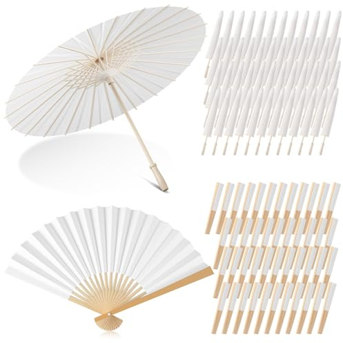 SilTriangle 50 Set Wedding Parasols Hand Fan for Guests White