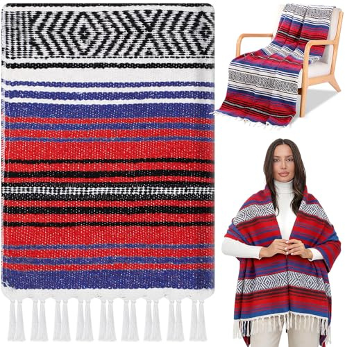 Oudain Mexican Blanket, Woven Authentic Cotton Falsa Throw 45 x 70 Inch – Authentic Baja Saddle Blanket Outdoor for Yoga, Beach, Picnic, Camping, Travel, Couch, Car Travel(Fresh Color)
