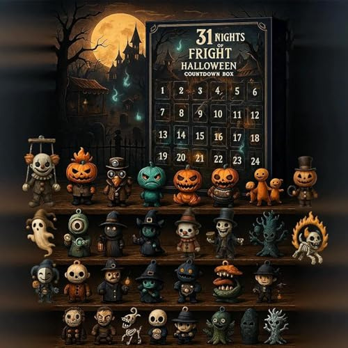 31 Notti di Terrore, Calendario dell'Avvento di Halloween 2025, Calendario dell'Avvento di Halloween 2025 con scatola del conto alla rovescia, Bambola spaventosa da collezionare, mini decorazioni (31