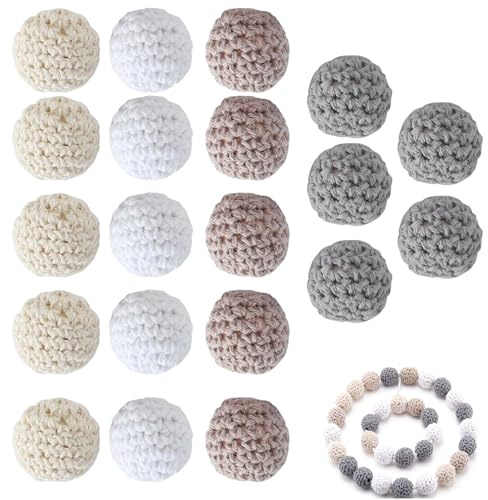 20 Stück Gehäkelt Holzperlen, 20mm Häkelperlen Bunt mit Loch zum Auffädeln Runde Gehäkelte Perlen Ketten Selber Machen Set Handgefertigt Natur Holzkugeln für DIY Schmuck Dekorationen Halskette Armband