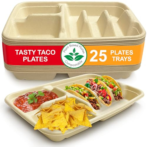 3-Taco & 2-Sides Taco Plates, Disposable Paper Plates with Dividers – 25 PACK | Taco Tray for Party, Fiesta Taco Holder, Taco Stand for Taco Tuesday & Taco Bar, Microwave-Safe Taco Plates (25 Plates)