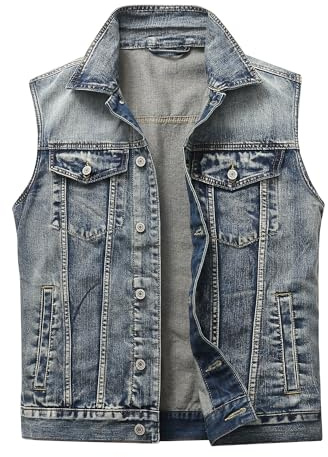 MeiLayM herr denim väst ärmlös jeansväst av bomull fritidsväst utomhus jeansjacka bikerväst motorcykelväst med 6 fickor, Blå-b, L