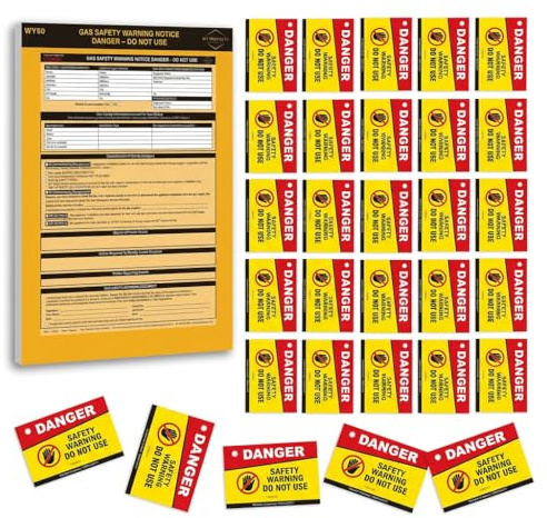 WY Products Gas Safety Warning Notice Kit – 30 Triplicate Forms (80gsm) + 25 Do Not Use Labels – Gas Engineer Safety Pad with Self Adhesive Warning Labels