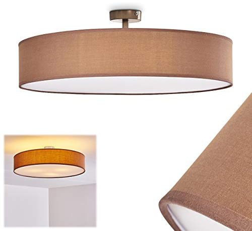 HOFSTEIN Deckenleuchte Foggia, runde Deckenlampe aus Metall/Stoff in Nickel-matt/Braun/Weiß, moderne Leuchte im Retro/Vintage-Design (Ø 60 cm), 3 x E27, Wohnzimmer, Esszimmer, Schlafzimmer, Küche