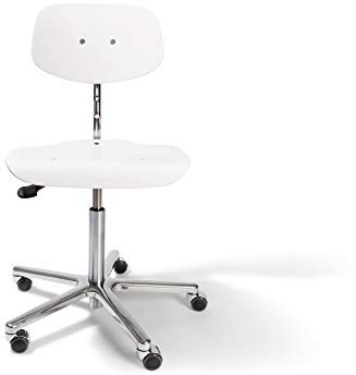 Modulor höhenverstellbarer Arbeitsstuhl, ergonomischer Drehstuhl aus Buchenholz, Schreibtischstuhl mit Gasfeder und Fußkreuz aus Alu, weiß gebeizt
