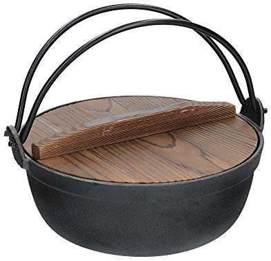 KitchenCraft World of Flavours Japanese Cooking Pot with Wooden Lid, Cast Iron, Hot Pot, Sukiyaki, 1.5 L, Black