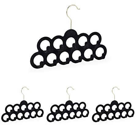 Relaxdays 4 x Schalhalter, Tücher, Krawatten, Gürtel, Haken 360° drehbar, rutschfest, 11 Löcher, Samt Tuchhalter, schwarz