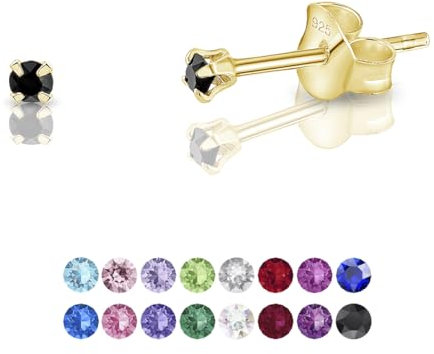 Pendientes de Botón Plata Ley 925 Chapados Oro 24K on Cristales Brillantes Negros 2 mm - Pendientes Pequeños Oro para Mujer - Punto de Luz Hipoalergénicos