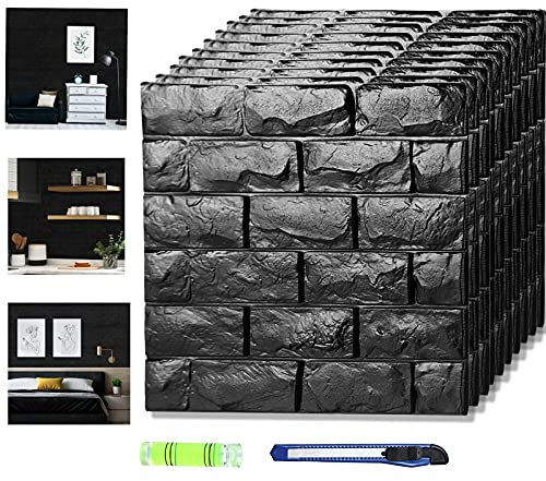 Panneaux muraux 3D à coller et à peler, papier peint 3D imprimable en mousse synthétique imperméable pour chambre à coucher, salle de bain, cuisine, cheminée (11, noir)