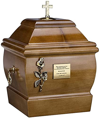 Urne für Erwachsene aus Massivholz für Beerdigung Asche Schatulle Gedenkurne (Kreuz auf der Oberseite, Rose + Gedenktafel)