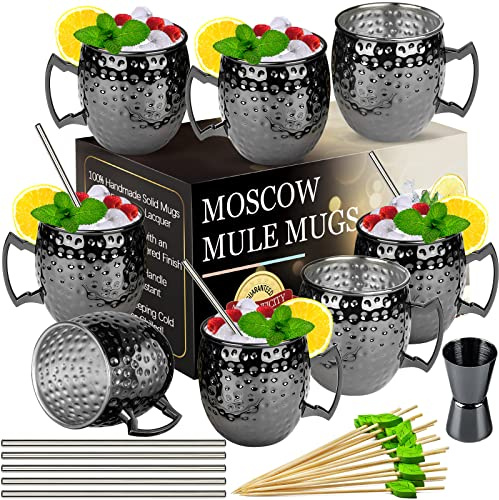 LINALL Moscow Mule Becher - Set mit 8 Gunmetal schwarz plattiert 530 ml Edelstahl Tasse Doppel-Jigger Chilled Drink Cocktail Mug (Schwarz) 8 Stück