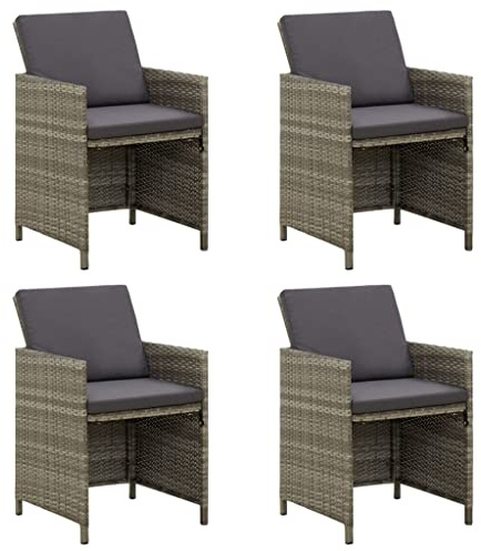 vidaXL 4X Gartenstuhl mit Kissen Gartensessel Essstuhl Stuhl Sessel Stühle Balkonstuhl Terrassenstuhl Rattanstuhl Gartenmöbel Poly Rattan Grau