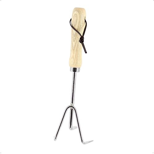 Rekord - Kleingrubber Edelstahl mit Holzgriff - 3 Zinken Kultivator - 31 cm | Gartenkralle zum Lockern & Lüften, Unkrautkralle mit Aufhängeband, hochwertige Harke für Beete & Balkonkästen