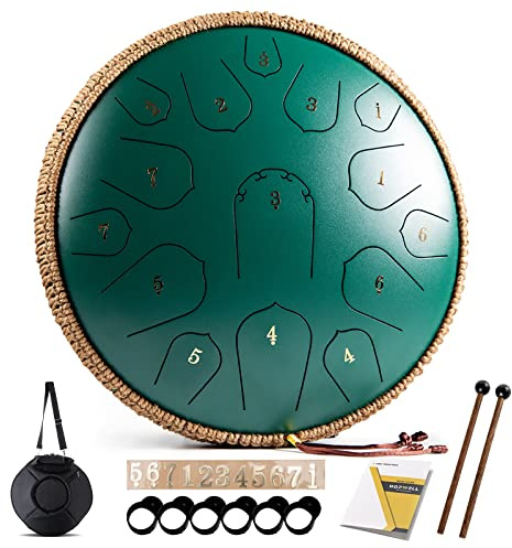 Steel Tongue Drum - HOPWELL 15 Note 14 Inch Tongue Drum - Hand Pan Drums with Music Book, Steel Handpan Drum Mallets and Carry Bag, D Major (Green)