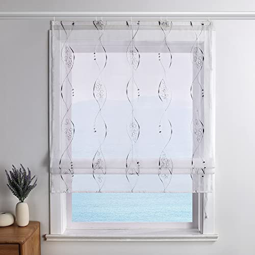 ESLIR Raffrollo Weiß Raffgardine mit Klettband Gardinen Küche Transparent Bändchenrollo Voile Bestickt Landhausstil Grau BxH 140x140cm 1 Stück