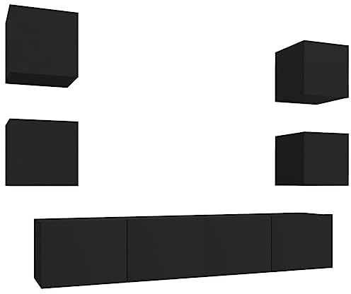 vidaXL TV Schrank Set 6-tlg. Wohnwand Schrankwand Anbauwand Hängeschrank Lowboard TV Möbel Fernsehschrank Wandschrank HiFi-Schrank Schwarz Holzwerkstoff