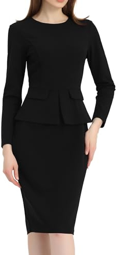 Allegra K Women's Long Sleeve Office Work Peplum Sheath Dress | Crew Neck, Bellow the Knee, Dressy Casual Business Formal Outfits, Professional Interview Outfits