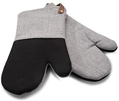 Cuisinart Ofenhandschuhe aus Neopren, Grau, 2er-Set, Ofenhandschuhe mit anthrazitfarbener Fischgrätenmanschette, Kunstleder-Aufhängeschlaufe, Neopren, rutschfest, hitzebeständige Ofenhandschuhe
