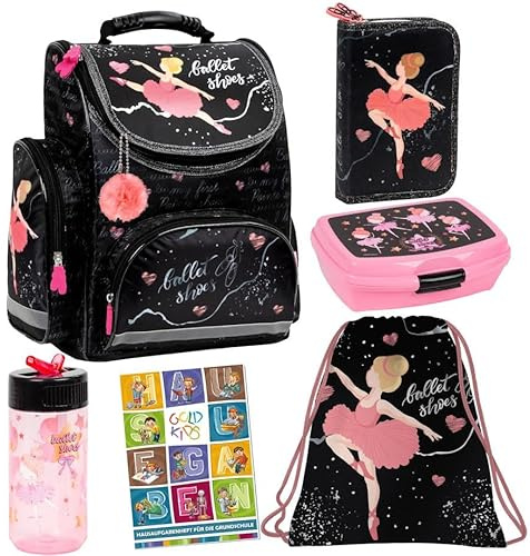 Goldkids Schulranzen Set 6er Ranzen Tornister Federmappe Turnbeutel Turnsack Brotdose Trinkflasche Aufgabenheft für die Grundschule Ballerina Tänzerin Motiv