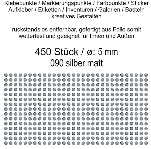 Aufkleber Etiketten Klebepunkte aus Folie 450 Stück silber matt rund 5 mm selbstklebend farbig wetterfest Decal Markierungen Organisieren DIY basteln verzieren Modellbau Scrapbooking