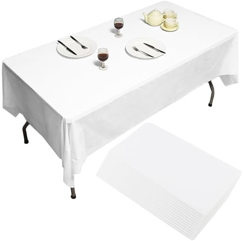 DAKFOOK 12 Stück 137 x 274 cm weiße Tischdecken, große Einweg Tischdecken, rechteckige Kunststoff Tischdecken für drinnen und draußen, Geburtstage, Hochzeiten, Partys, Picknicks