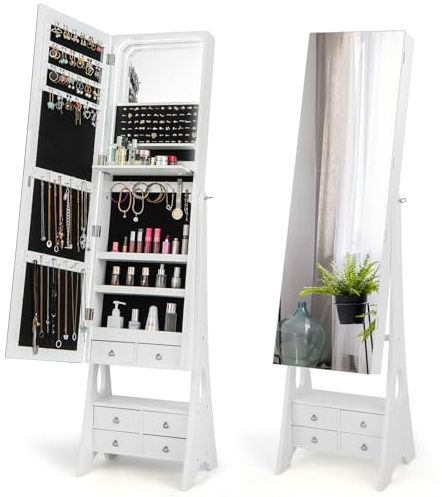 RELAX4LIFE Armoire à Bijoux sur Pied avec Miroir Pleine Longueur, 3 Angles d’Inclinaison, Miroir sur Pied avec Rangement, Verrouillage à Clé, Miroir Cosmétique, Tablette Pliable (Blanc)