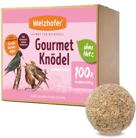 Welzhofer Gourmetknödel Aufbaufutter, 100 Stück x 100g - Meisenknödel ohne Netz, leckere Energiequelle für Garten- & Wildvögel, verdauungsfördernde Getreideflocken, praktische Kartonagenverpackung