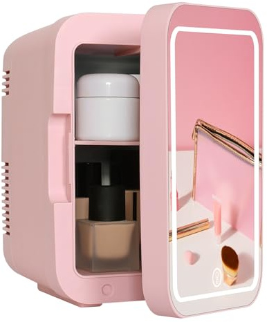 eklipt 4 Liter Mini Fridge with Dimmable LED Mirror, AC/DC Skincare Fridge | 6-Can Portable Cooler & Warmer, Beauty Refrigerator for Drinks, Cosmetics & Makeup, Small Desk Fridge for Bedroom, Car -Pink