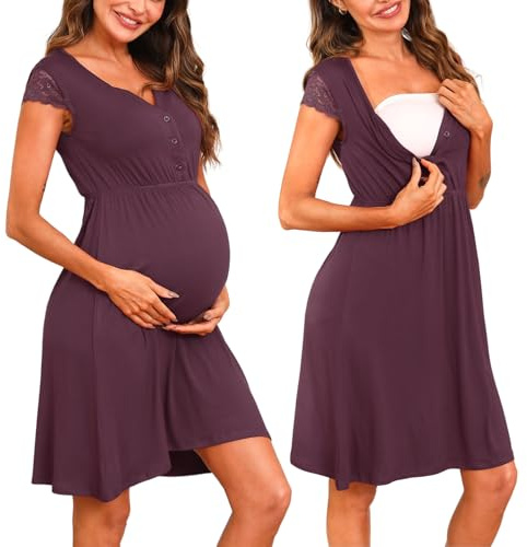 Nieery moderskap amning nattlinne knapp amning nattkläder mjuk spets amning nattlinne bomull myskläder v-hals moderskap pyjamas nattskjorta för gravid, Lila, L