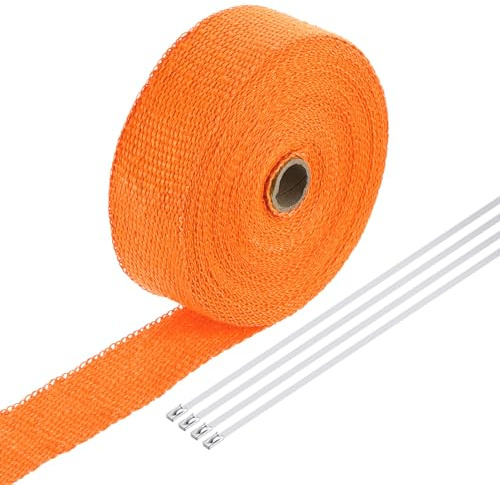 QUARKZMAN Cinta de Envoltura de Escape de Fibra de Vidrio, 2 x 50' Naranja para Colectores de Calor con 4 Bridas de Acero Inoxidable para Hot Rods y Motocicletas