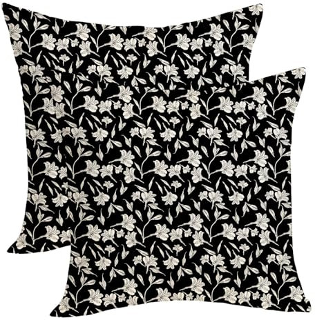 OFIRD Vintage Pillow Covers 18x18 Inches Pack of 2 Black Old Style Flower Herbal Botanical Throw Pillow Covers,Rustic Floral Decorative Pillowcase Farmhouse Cushion Case for Home Sofa Outdoor Decor