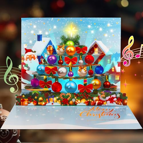 WUJUN Musikalische Weihnachtskarte, 3D Weihnachten Pop Up Karten mit Lichtern und Musik von Frohe Weihnachten, doppelseitiges Muster Design Urlaub Grußkarte (Weihnachtsbaum-B)
