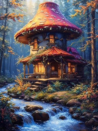 Paint by Numbers for Adults, Dream Mushroom House Paint by Numbers Kits, DIY Canvas Oil Painting Kit for Kids with Paint Brushes Acrylic Pigment Drawing, for Home Wall Decor (20x25in, Frameless) M-824