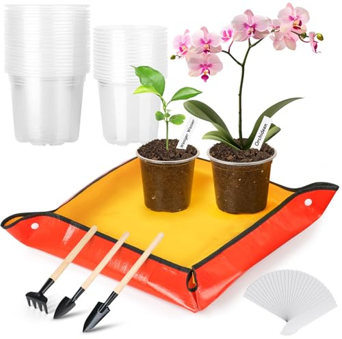 VEPEPE 35 Macetas Transparentes para Plantas, Macetas de Cultivo 9cm 10cm, Maceta para Orquídeas con 1 Alfombrilla de Jardín, 20 Etiquetas & 3 Palas Pequeñas