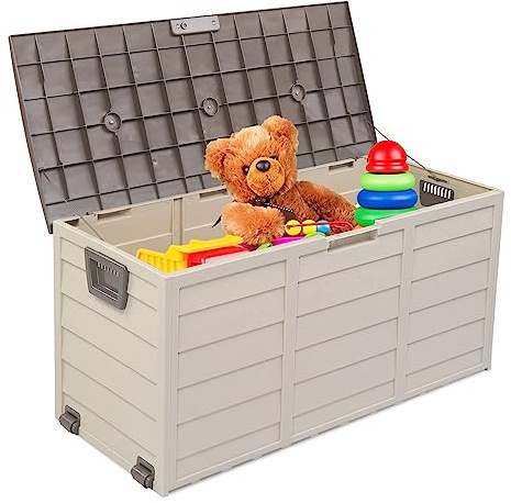Bonnlo 300L Garden Storage Box with Wheels, Waterproof Plastic Deck Boxes for Outdoor, Storage Chest with Lids and Handles (Brown lid)
