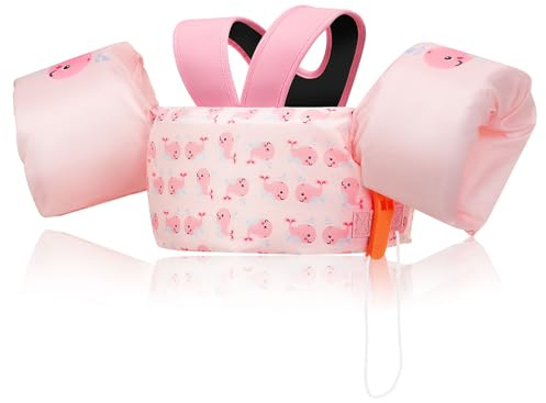 MoKo Gilet da Nuoto Regolabile per Bambini 20-50 lbs, Fascia da Braccio Galleggianti per Piscina a Doppio Uso, Gilet da Braccio per Nuoto con Fischietto, Balena Rosa