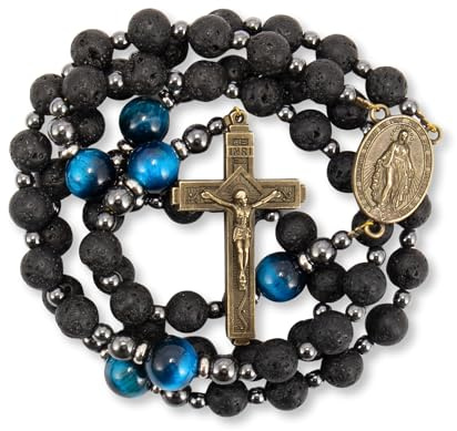 Lavastein schwarze Rosenkranz-Perlen für Männer, katholische Rosenkranz-Halskette mit Heiligen-Medaille und Kreuz, blaue Tigeraugen-Perlen, starker Rosenkranz-Kreuz-Halskette in tragbarer Geschenkbox