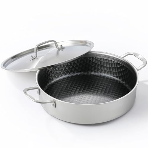 DELARLO Tri-Ply Stainless Steel Braiser Pan with Lid 5 Quart Nonstick Induction Rondeau Cooking Pot 12inch Deep Frying Pan Large Saute Pan Heavy Duty,Dishwasher and Oven Safe to 550℉