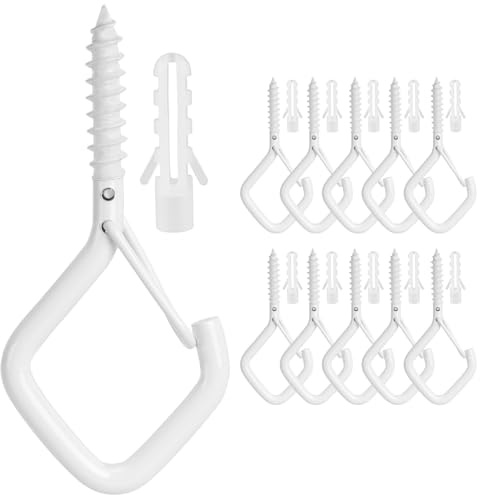 Ganchos de Tornillo, 10 Ganchos de Rosca de Acero Inoxidable con Tornillo de Seguridad, Ganchos De Pared para Colgar Luces de Cadena, Plantas y Luces de Patio (Blanco)