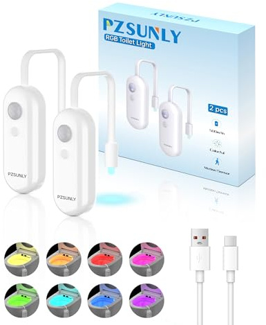 PZSUNLY Luce LED WC - 8 Colori LED Lampada Notturne Lgienici con Sensore di Movimento, IP65 Impermeabile e Ricaricabile, 2 pezzi Lampade da Toilette per Bagno, Facile Installazione