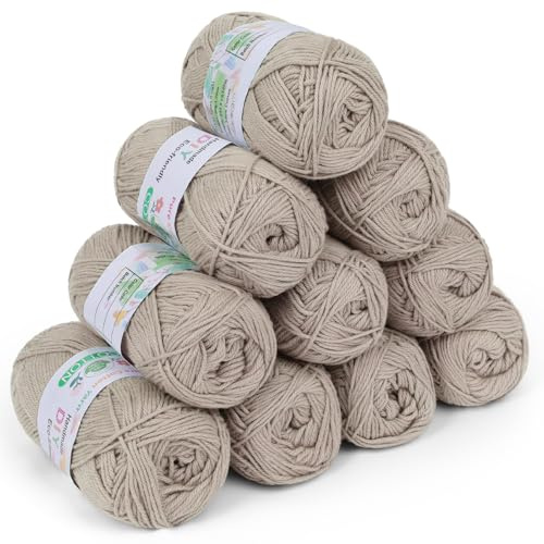 Coopay Lana para ganchillo, 100% algodón, 10 x 50 g, hilo suave para tejer, lana de bebé, suéteres, calcetines, mantas de bebé, color beige