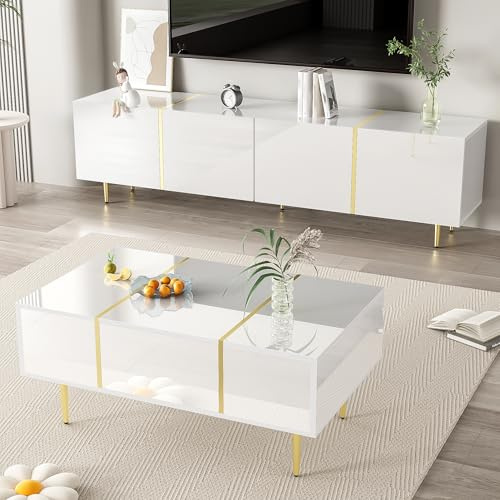 Meuble TV et Table Basse Brillant avec 4 Portes Table Basse avec 2 tiroirs pour Salon Chambre Appartement Bureau Ensemble Blanc de 2 pièces 170x35x46 cm