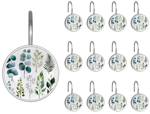 12 ganci rotondi decorativi per tenda da doccia, mix di erbe e piante ad acquerello, resistenti alla ruggine, anelli per tende da bagno per aste da doccia e fodera