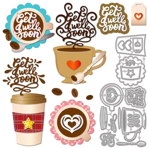GLOBLELAND Kaffeetassen Stanzformen Für DIY Scrapbooking Metall „Get Well Soon“ Wörter Stanzformen Stanzungen Für Kartenherstellung Prägung Fotoalbum Basteldekor